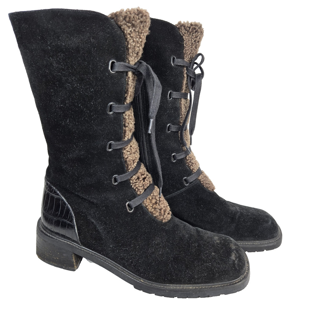 Stuart Weitzman Suede Combat Style Boots Black Brown Sherpa Faux Fur Size 8B